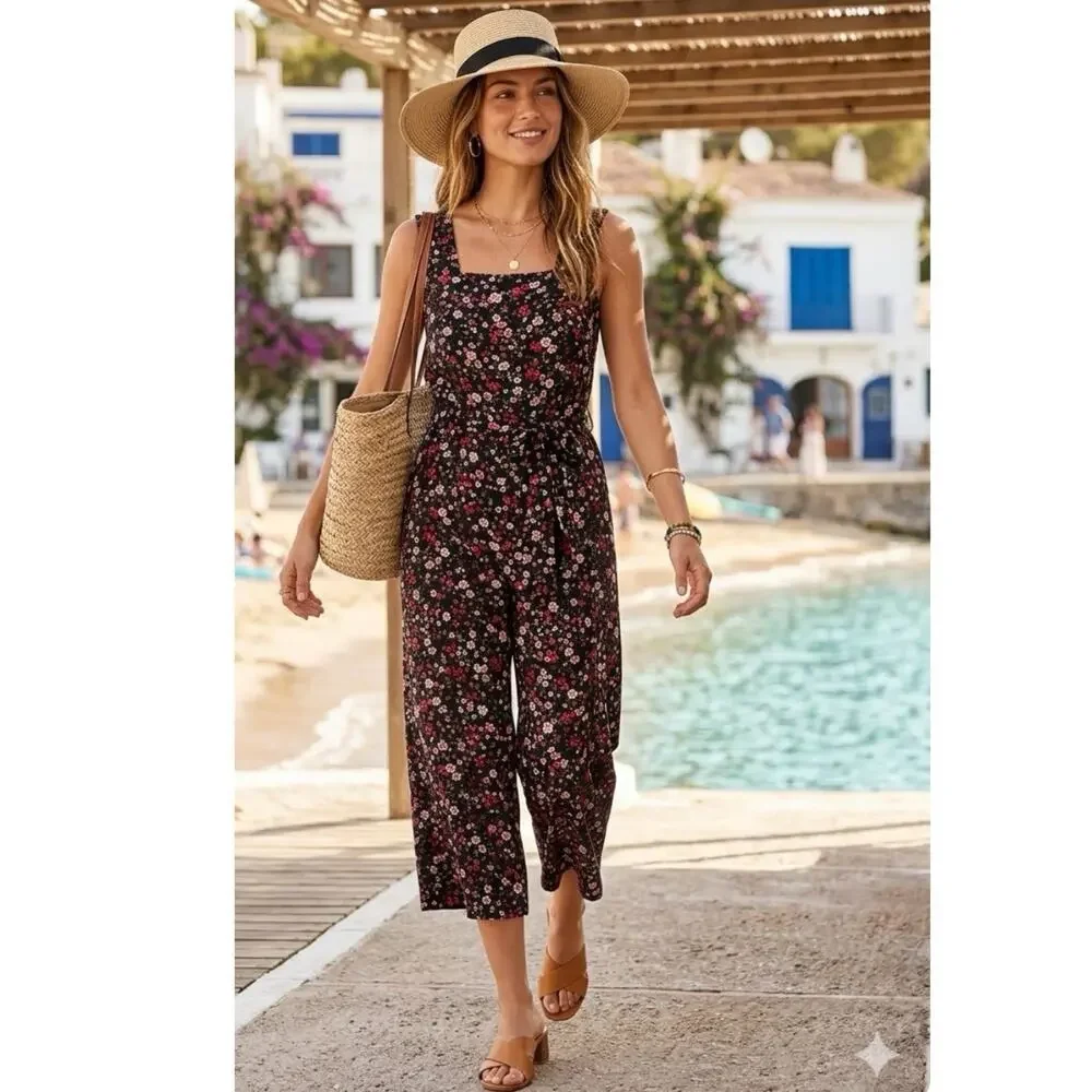 Kate Spade Ma Cherie Wide Leg Floral Jumpsuit Size 10 Preppy summer cherry print